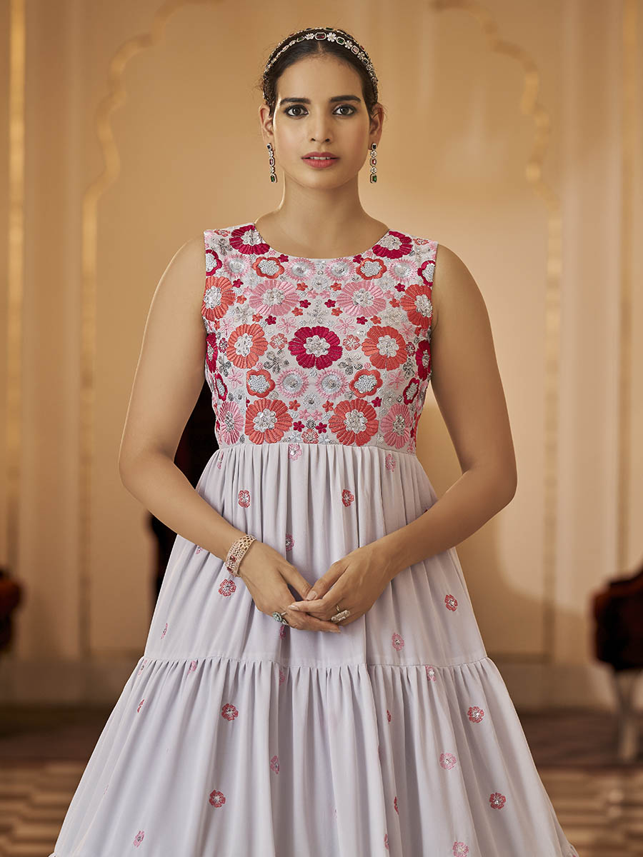 Myra Grey Georgette Embroidered Gown - Distacart