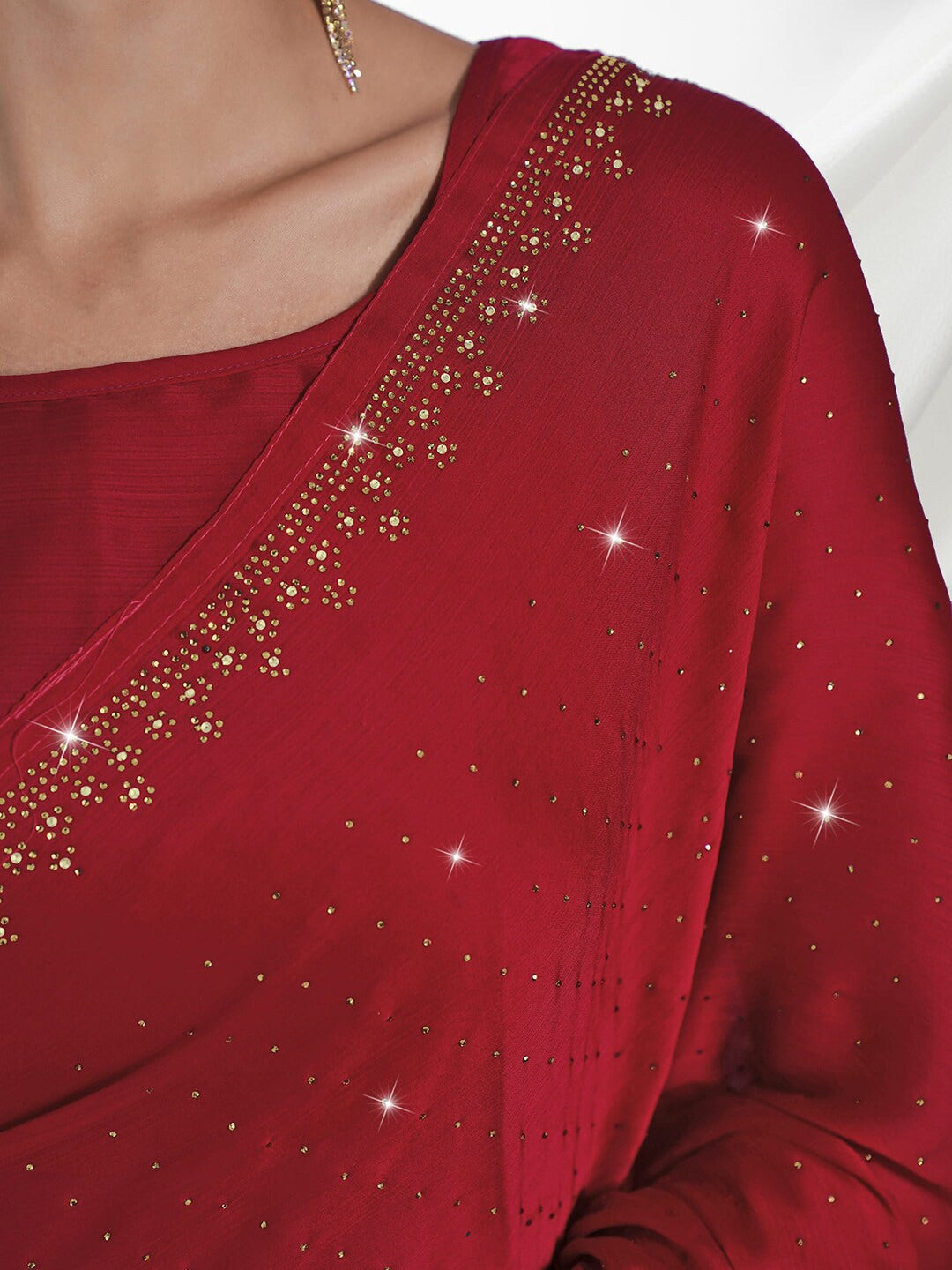 Mitera Red Embellished Beads and Stones Satin Saree - Distacart