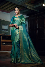 Thumbnail for Vardha Teal Blue Golden Zari Kanjeevaram Silk Saree