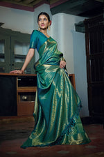 Thumbnail for Vardha Teal Blue Golden Zari Kanjeevaram Silk Saree