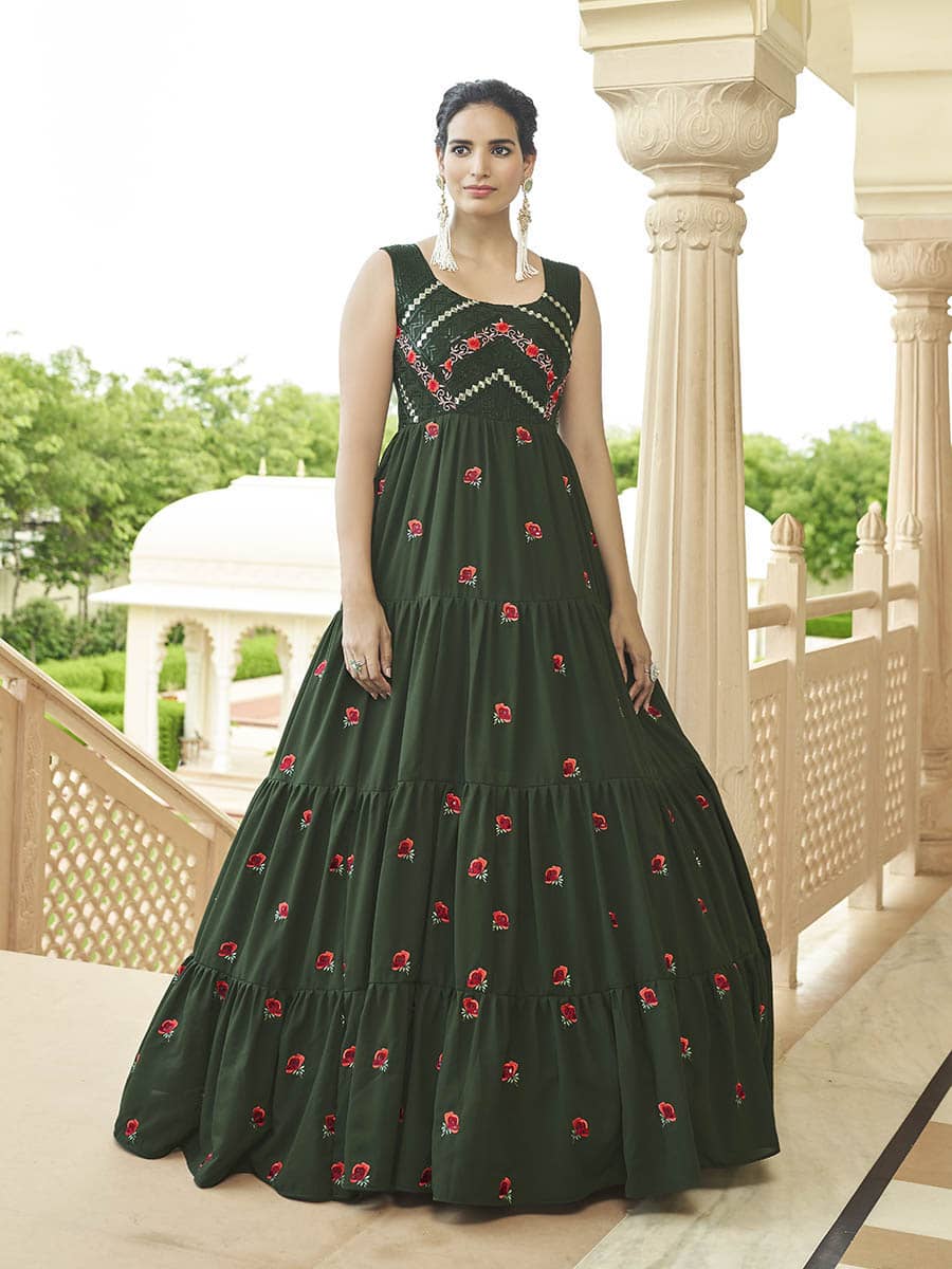 Myra Olive Green Georgette Embroidered Gown - Distacart