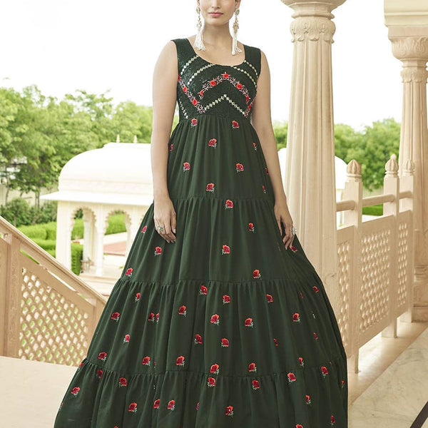 Myra Olive Green Georgette Embroidered Gown - Distacart