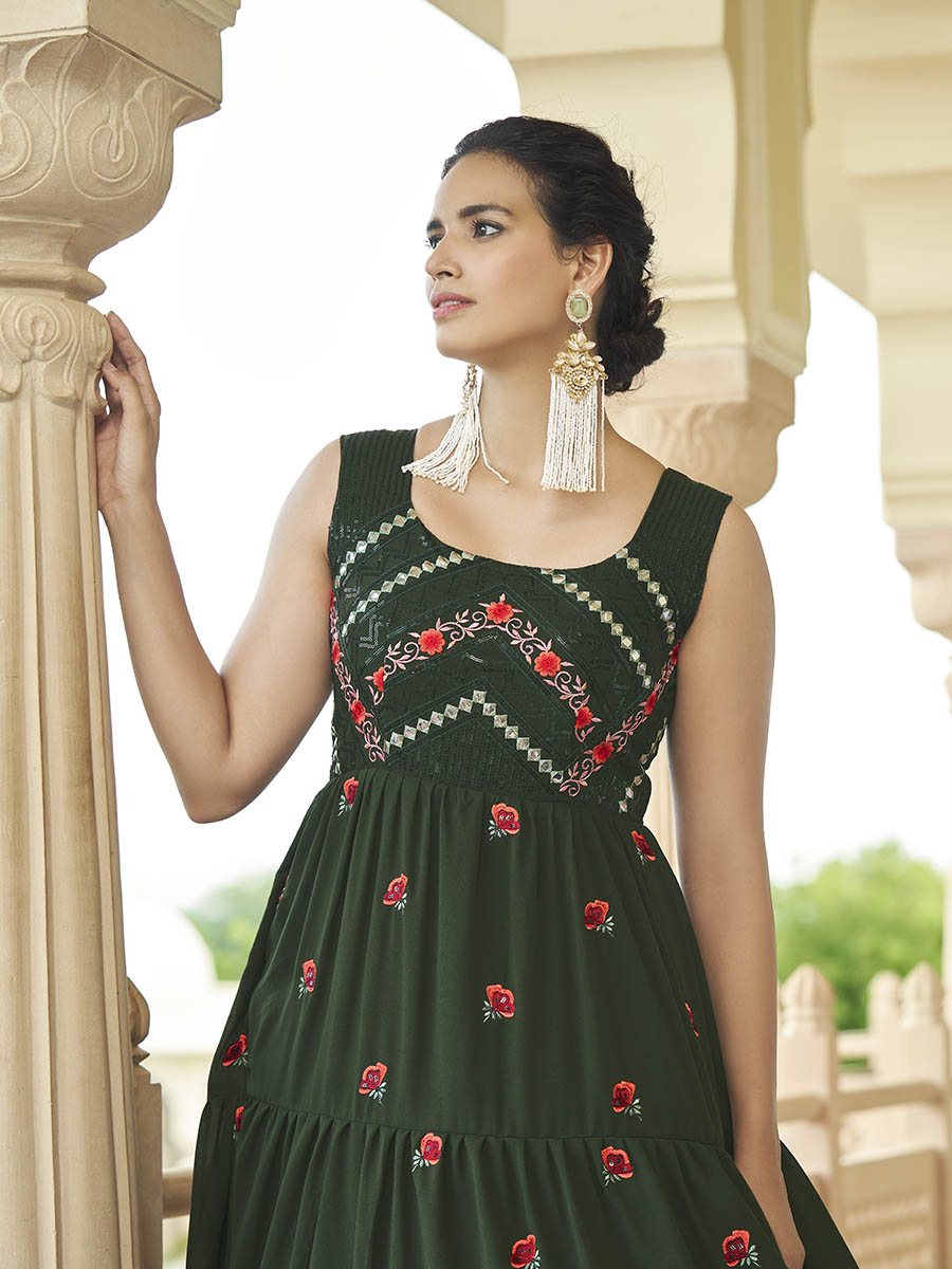 Myra Olive Green Georgette Embroidered Gown - Distacart