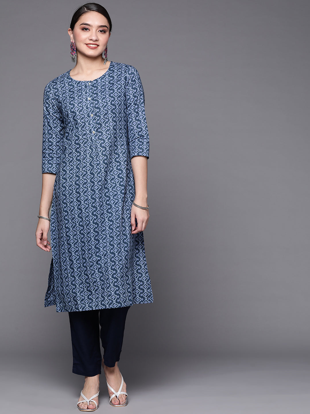 Biba Women Blue Pure Cotton Printed Straight Kurta - Distacart