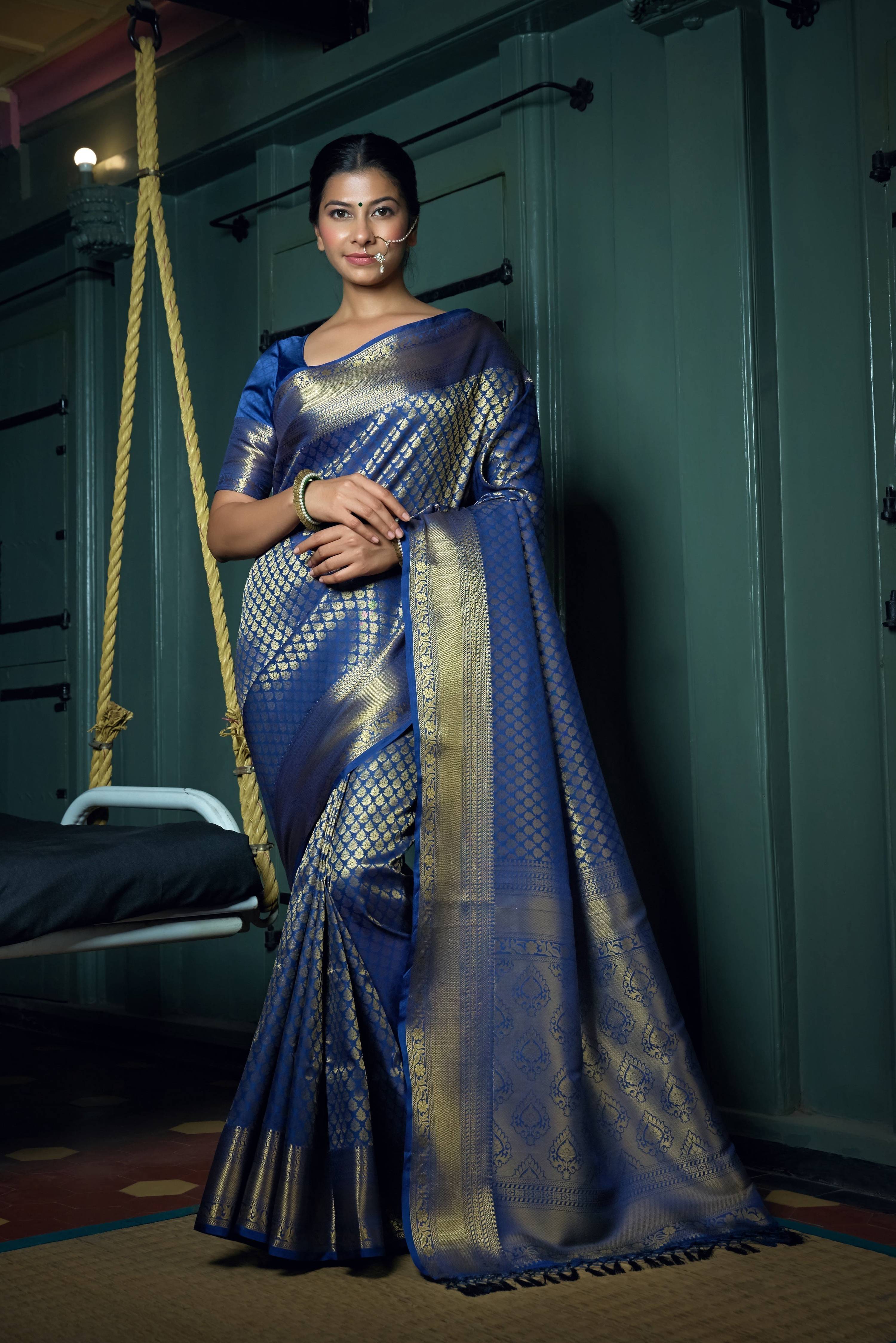 Vardha Cobalt Blue Golden Zari Kanjeevaram Silk Saree