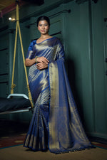 Thumbnail for Vardha Cobalt Blue Golden Zari Kanjeevaram Silk Saree