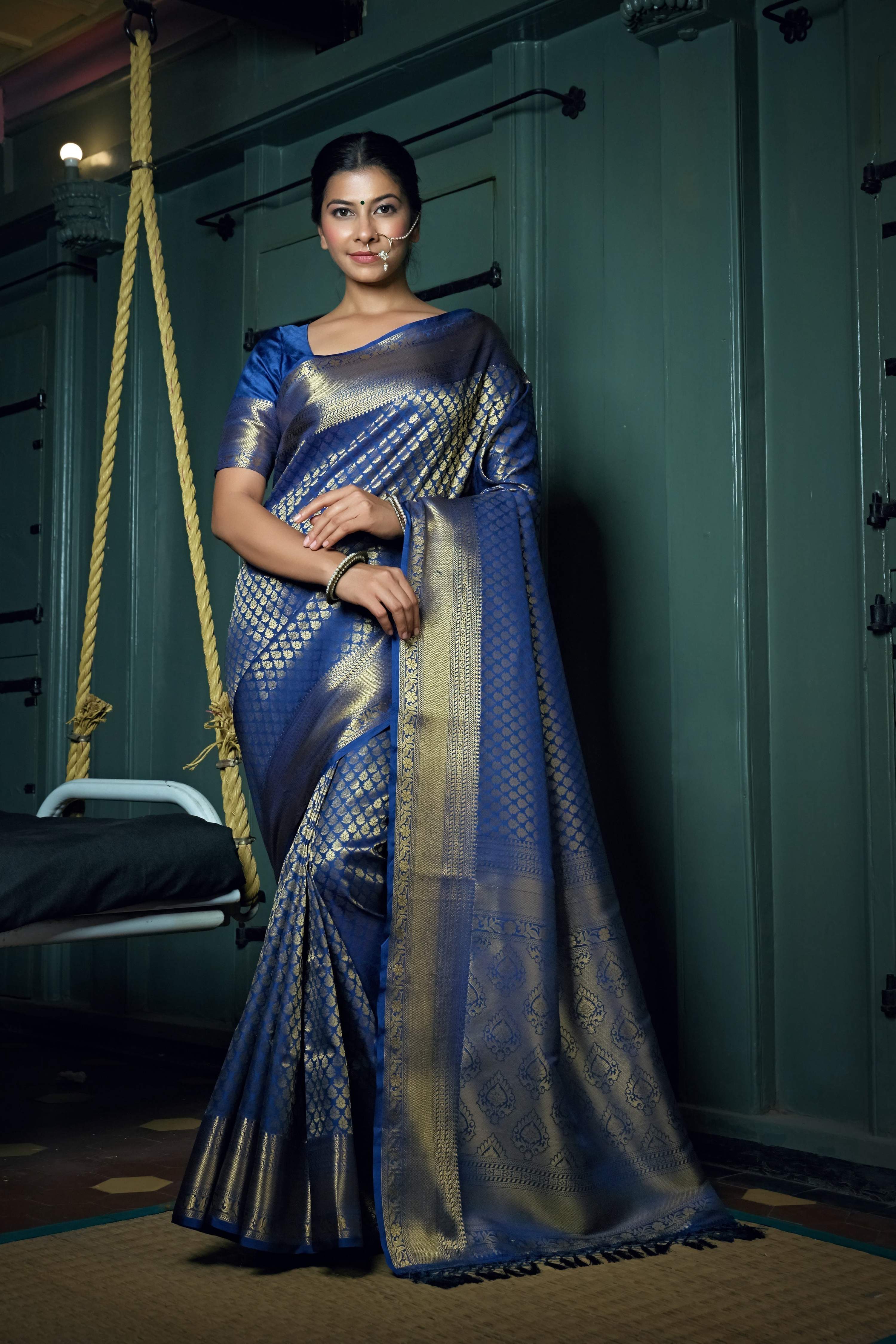 Vardha Cobalt Blue Golden Zari Kanjeevaram Silk Saree