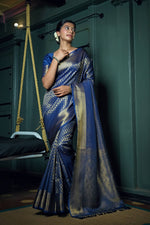 Thumbnail for Vardha Cobalt Blue Golden Zari Kanjeevaram Silk Saree