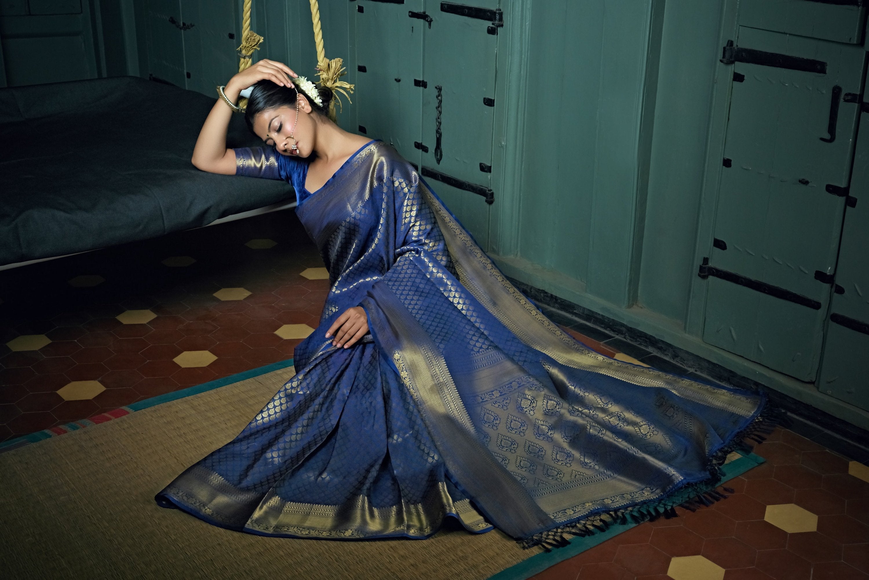 Vardha Cobalt Blue Golden Zari Kanjeevaram Silk Saree
