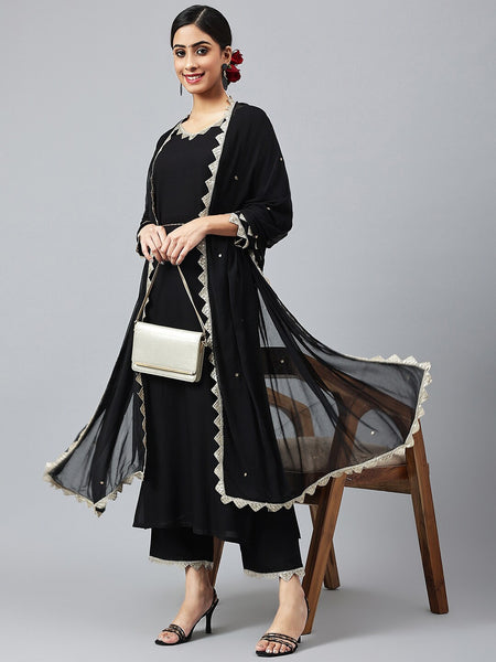 Khushal K Women Black Sequinned Kurta with Trousers & With Dupatta - Distacart