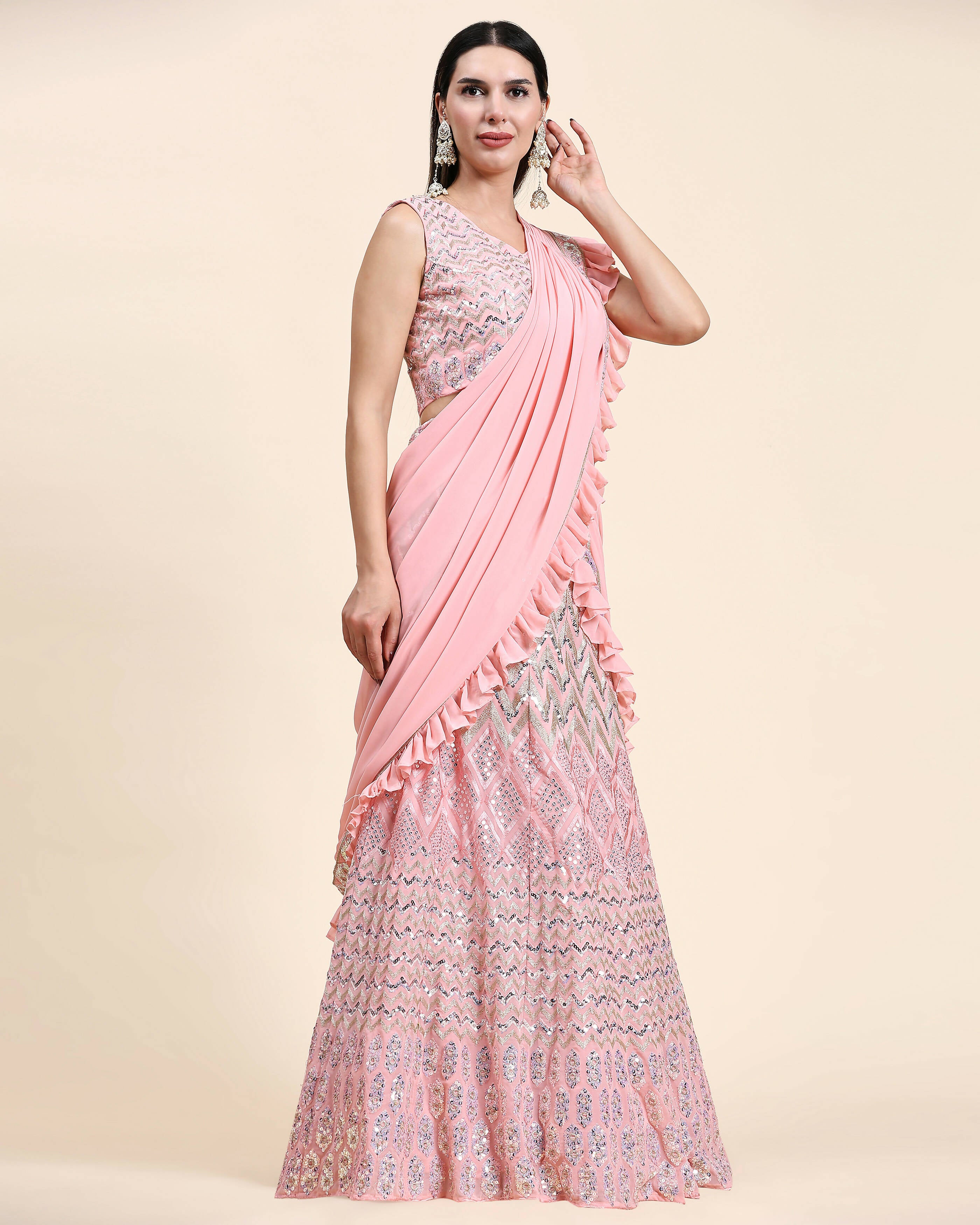 Pink Pure Viscose Georgette Thread With Sequins Embroidery Work Lehenga Choli With Dupatta - Tanya - Distacart