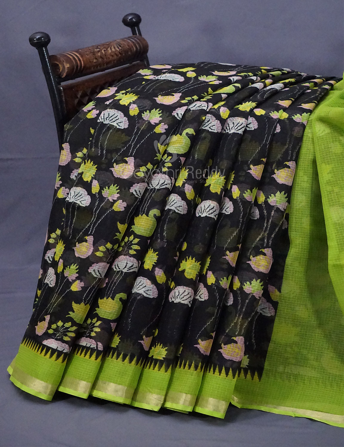 Black and Parrot Green Pichwau Design Pure Kota Cotton Saree By Gayathri Reddy Designer Studio - Distacart