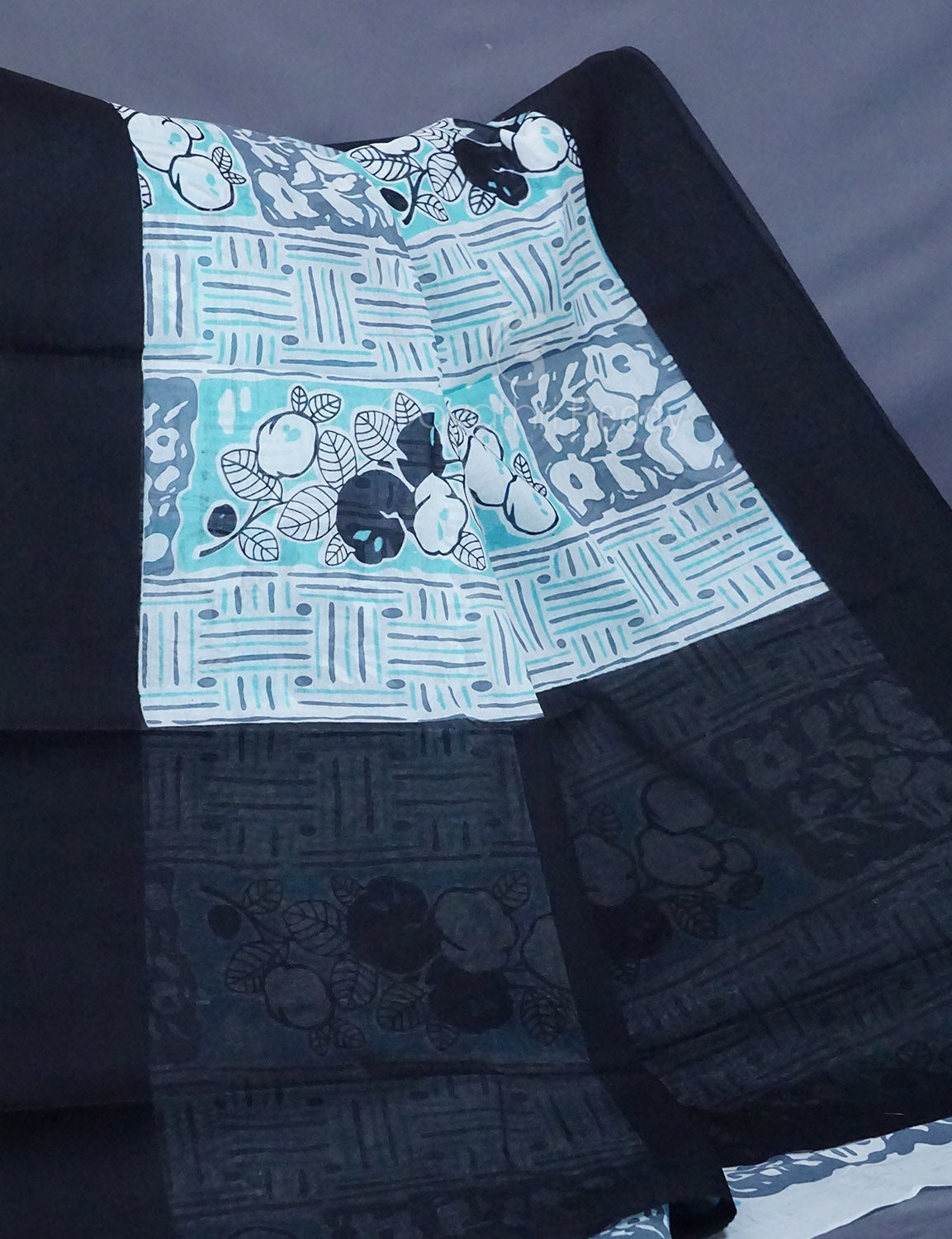 Shades of Sky Blue And Black Colour Floral Print Pure Mulmul Cotton Saree By Gayathri Reddy Designer Studio - Distacart