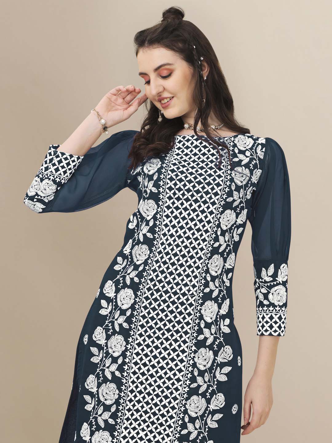 HERE&NOW Floral Embroidered Chikankari Kurta with Trousers & Dupatta - Distacart