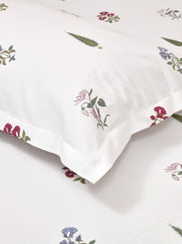 Thumbnail for haus & kinder Floral Motifs White & Green 186 TC Cotton Queen Bedsheet & 2 Pillow Covers - Distacart