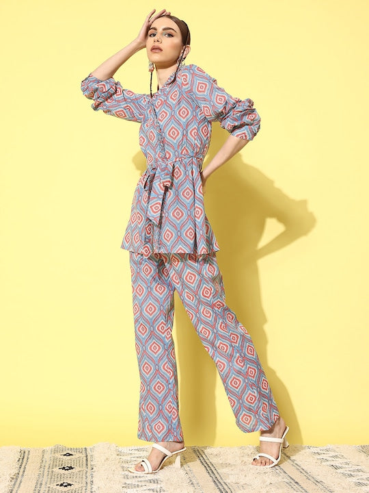 InWeave Women's Blue Pink Ogee Print Belted Coord Set - Distacart