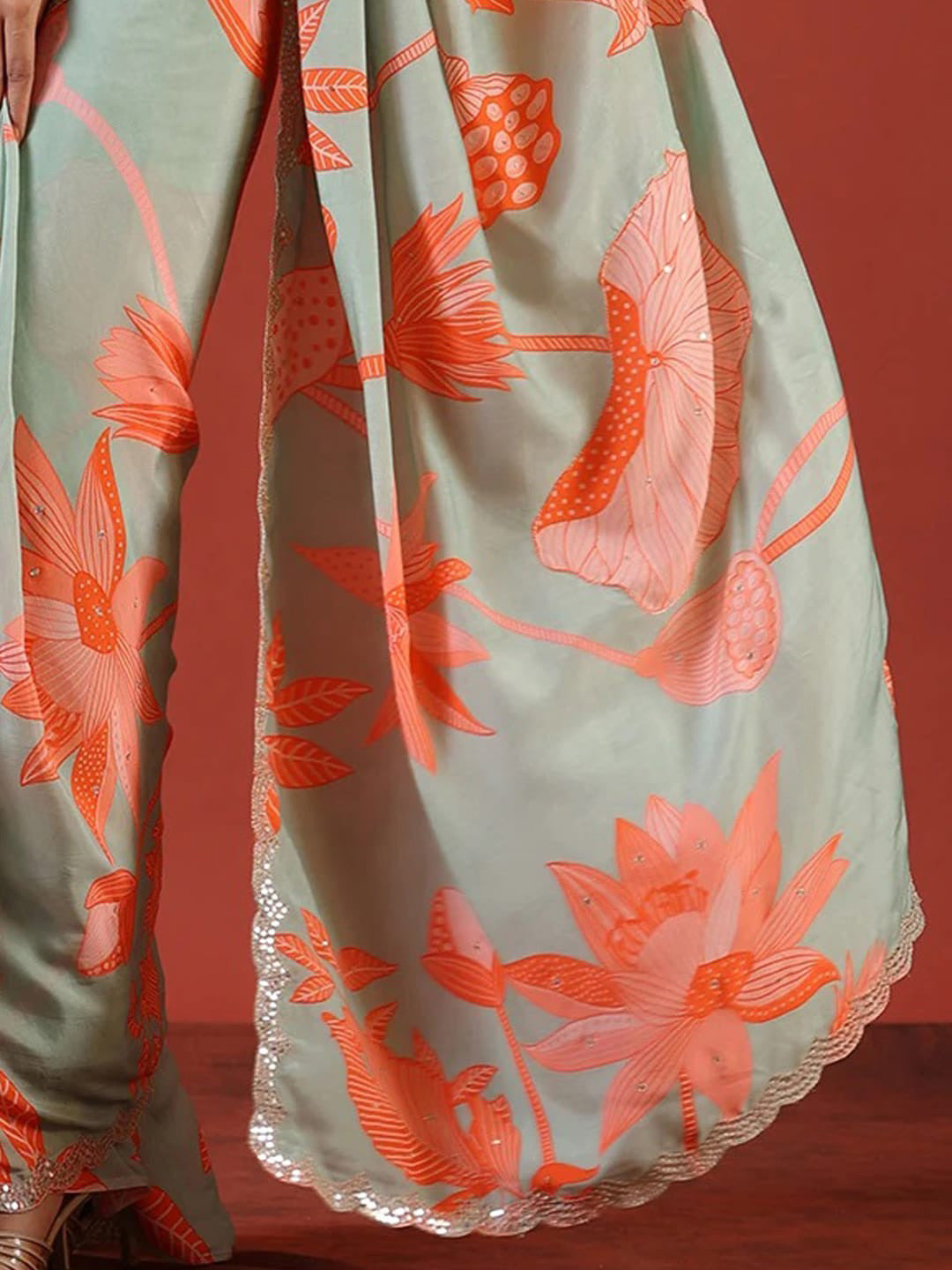 Sangria Sea Green Floral Printed Zari Saree - Distacart