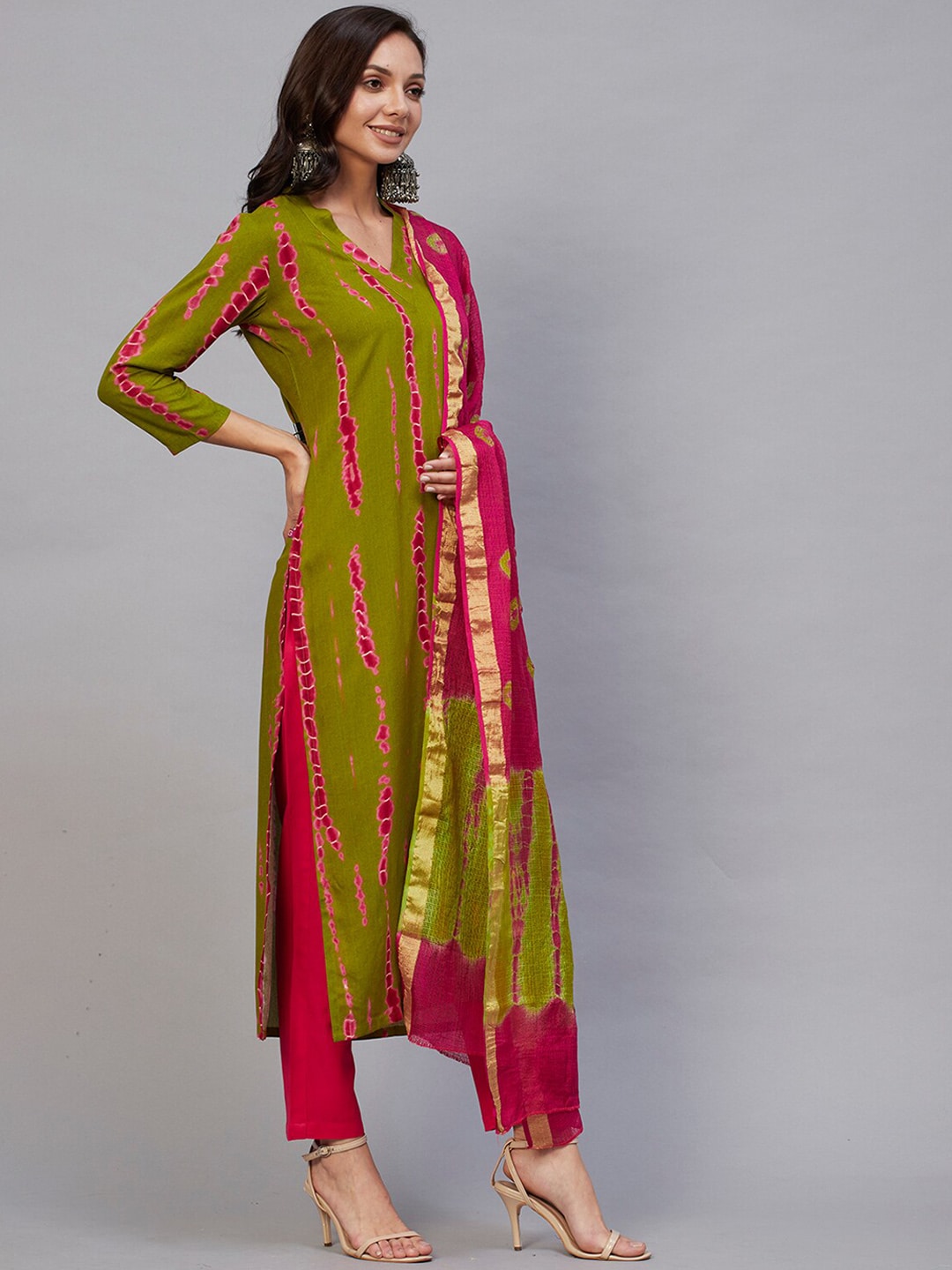 Kalini Printed V Neck Kurta With Trousers & Dupatta - Distacart