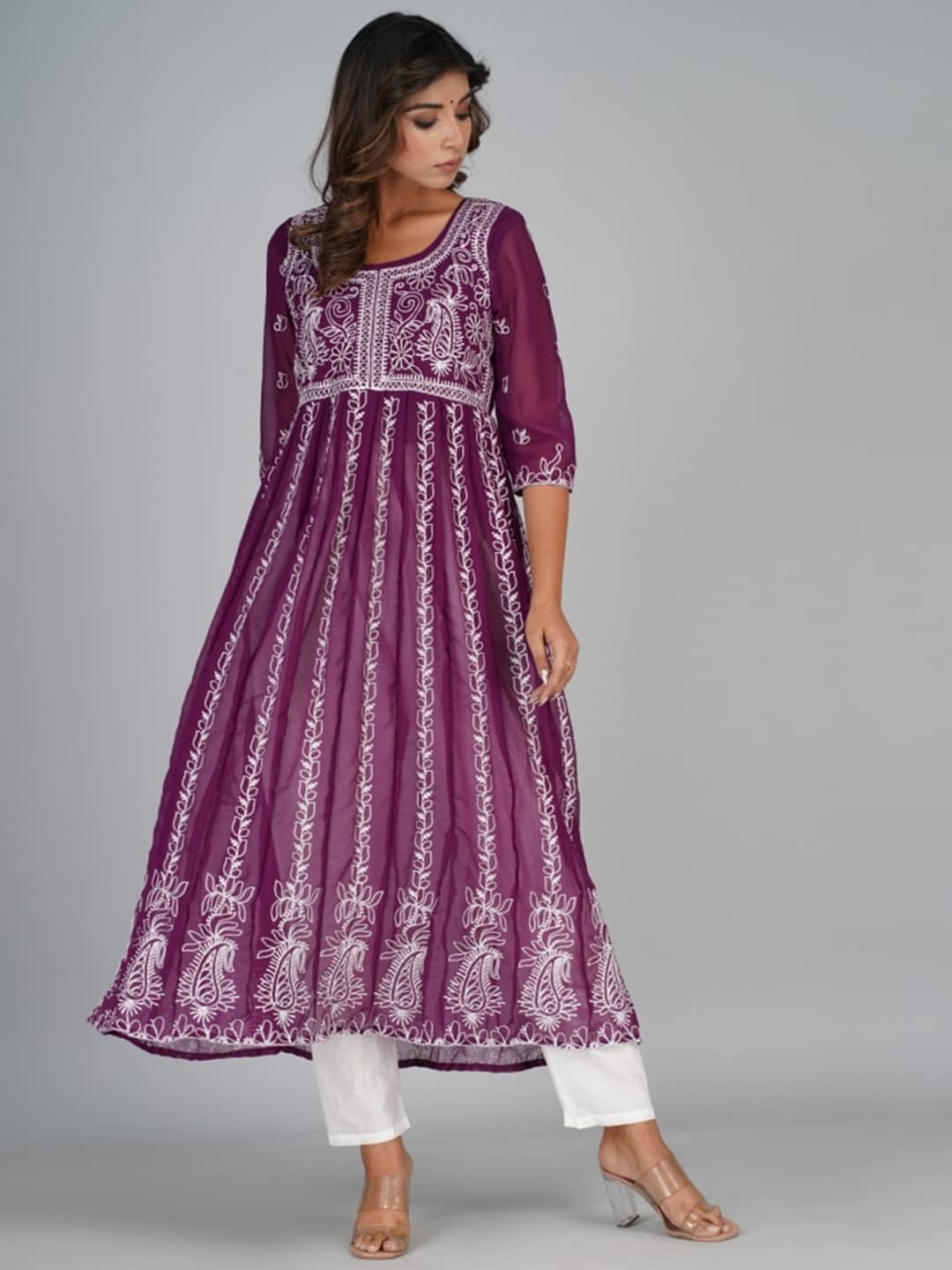 HERE&NOW Purple & White Floral Embroidered Paneled Georgette Anarkali Kurta - Distacart