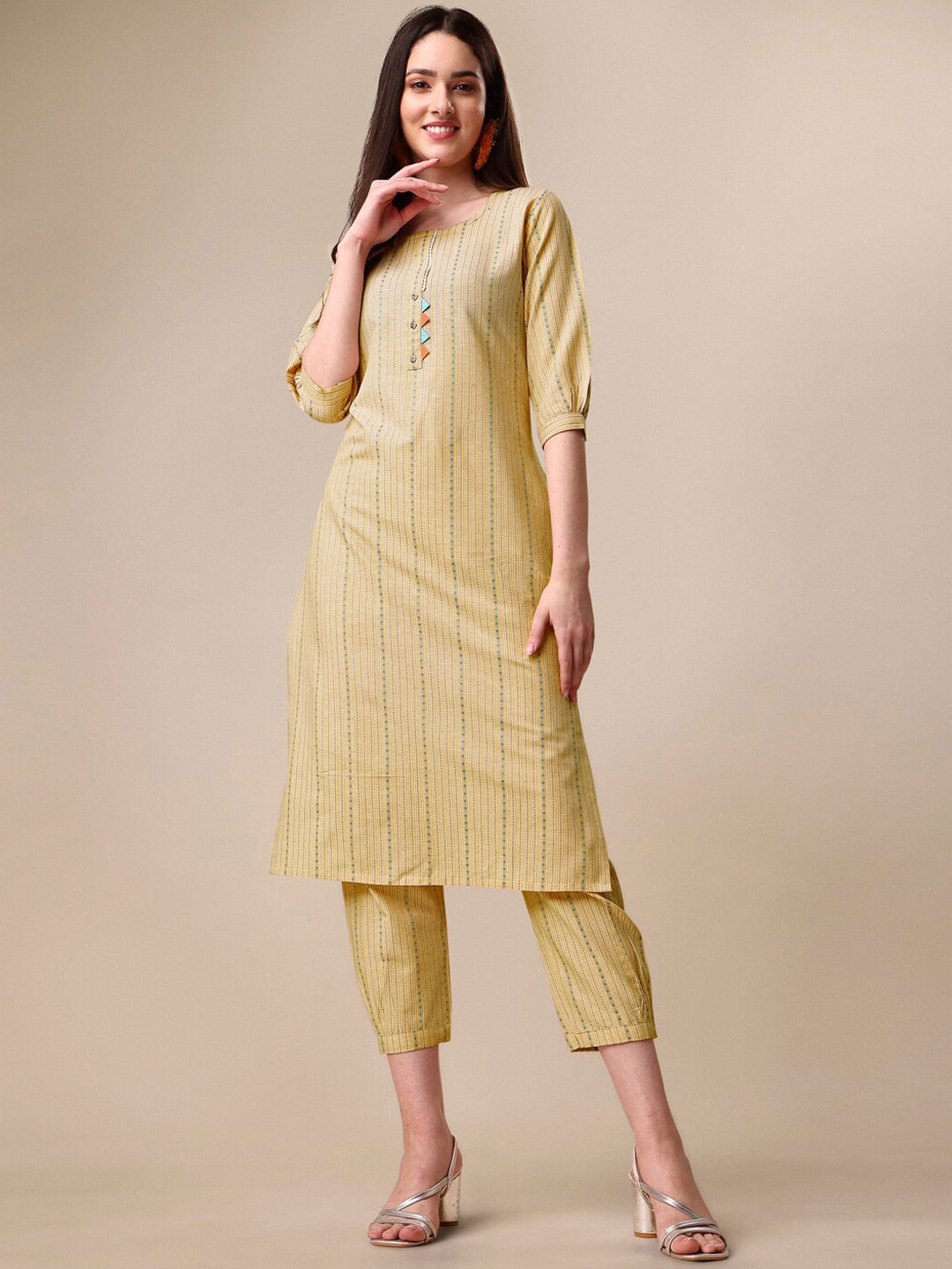 Kalini Women Woven Striped Thread Work Kurta with Trousers - Distacart
