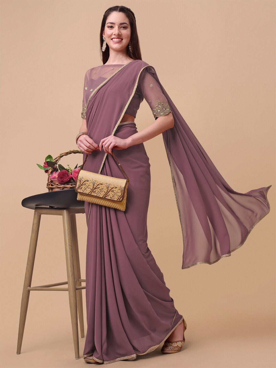 Sangria Mauve Embroidered Poly Georgette Saree - Distacart