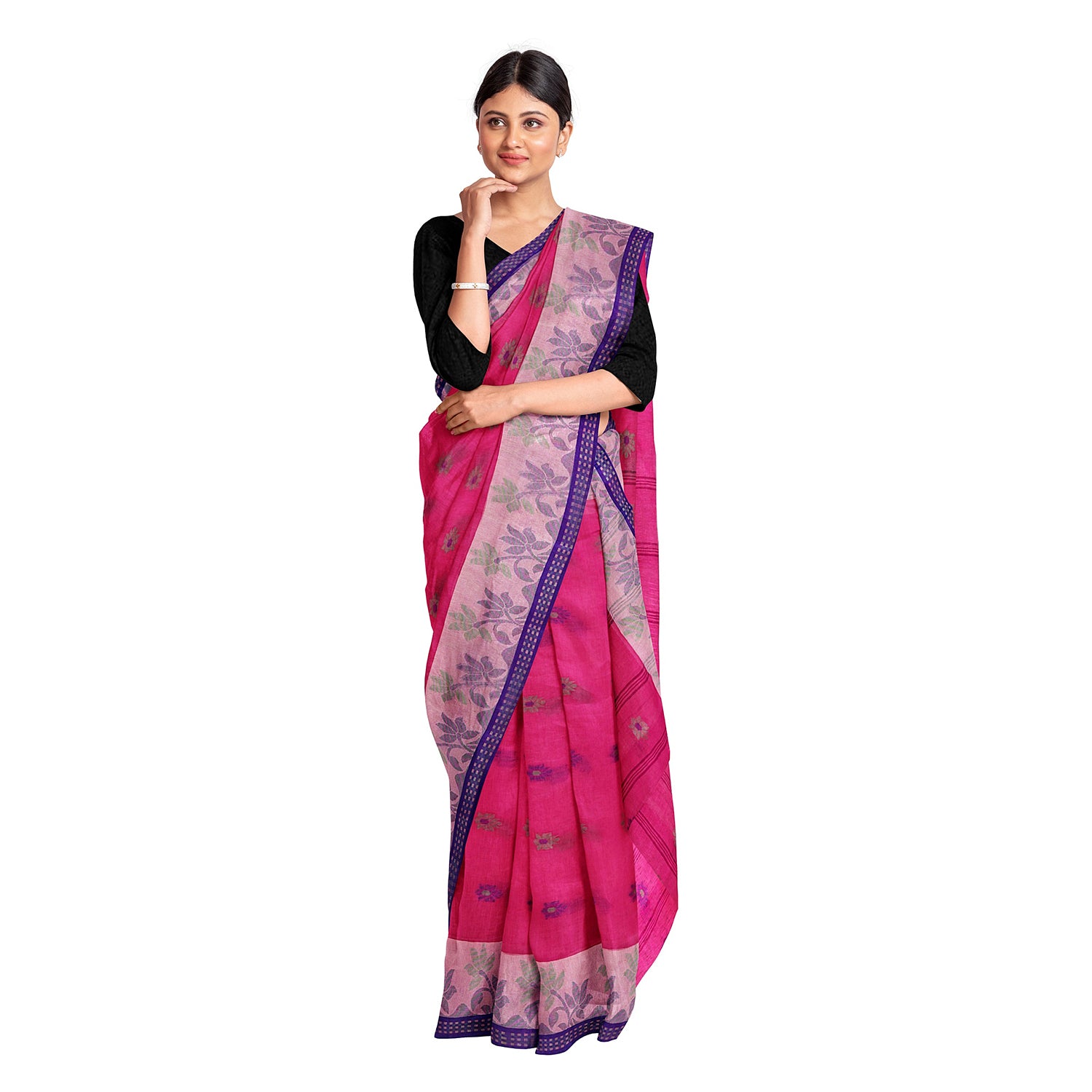 Exclusive Collection 100% Pure Cotton Pink Tant Saree With Hand Weaving Work - Distacart