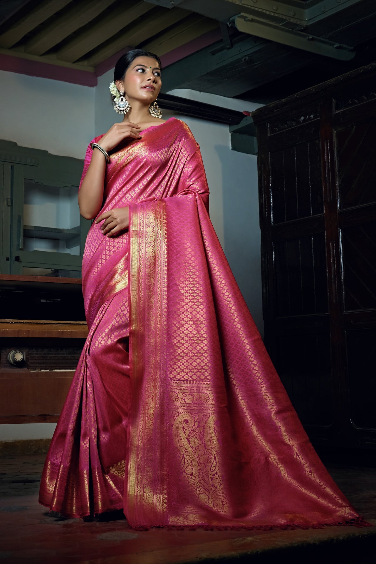 Vardha Ruby Pink Golden Zari Kanjeevaram Silk Saree