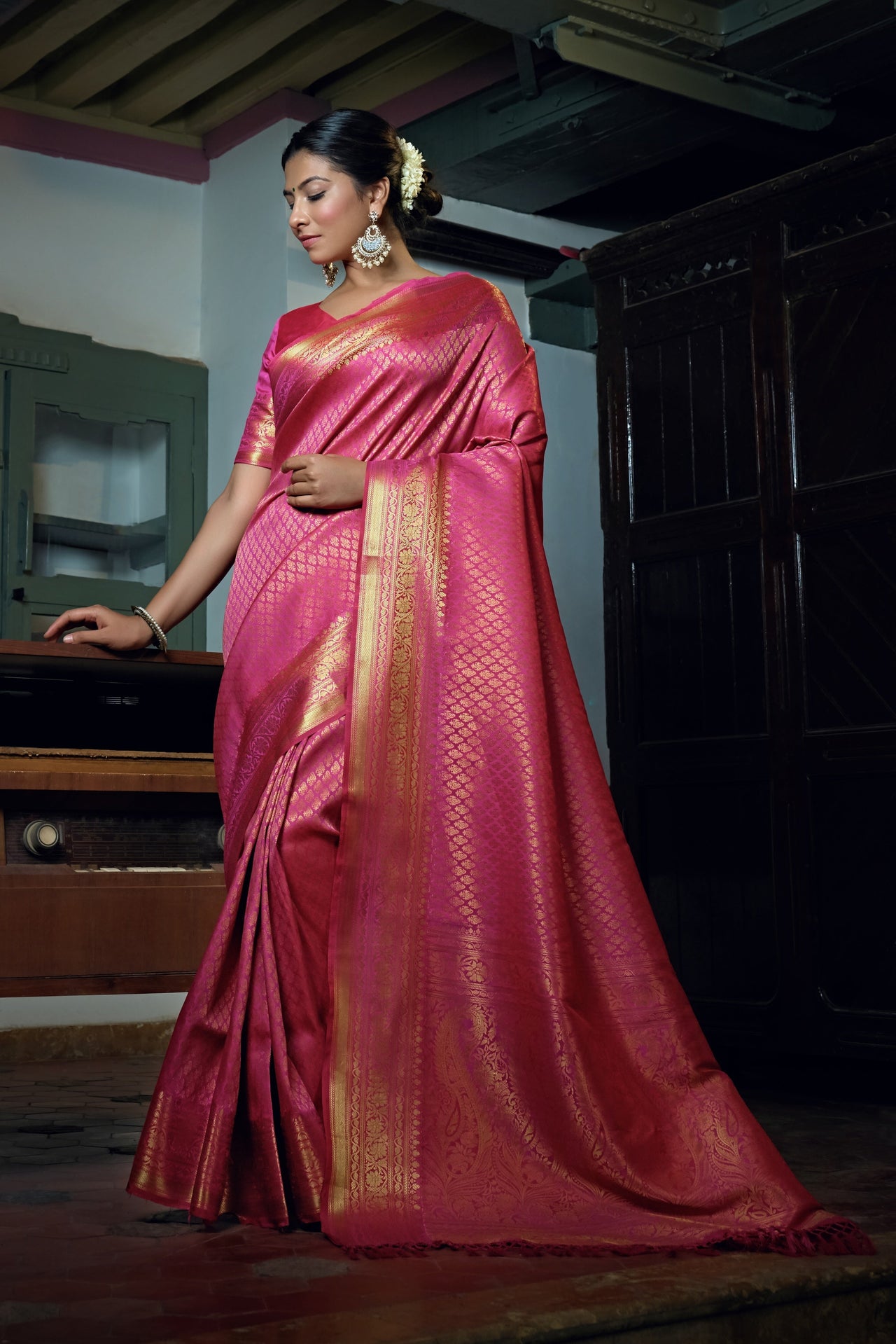 Vardha Ruby Pink Golden Zari Kanjeevaram Silk Saree