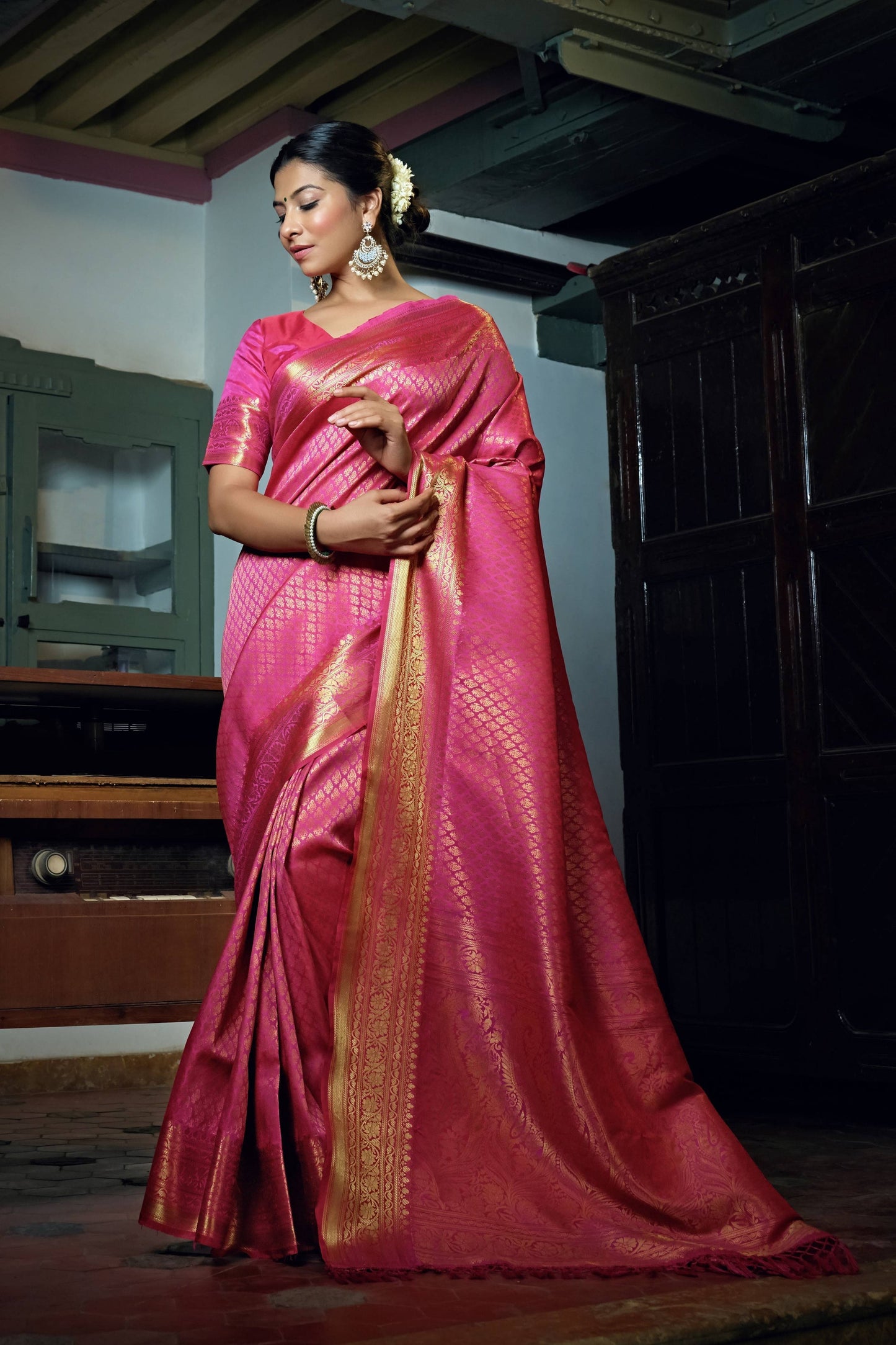 Vardha Ruby Pink Golden Zari Kanjeevaram Silk Saree