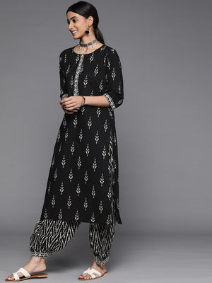 Libas Black Floral Printed Pure Cotton Kurta with Salwar & With Dupatta - Distacart