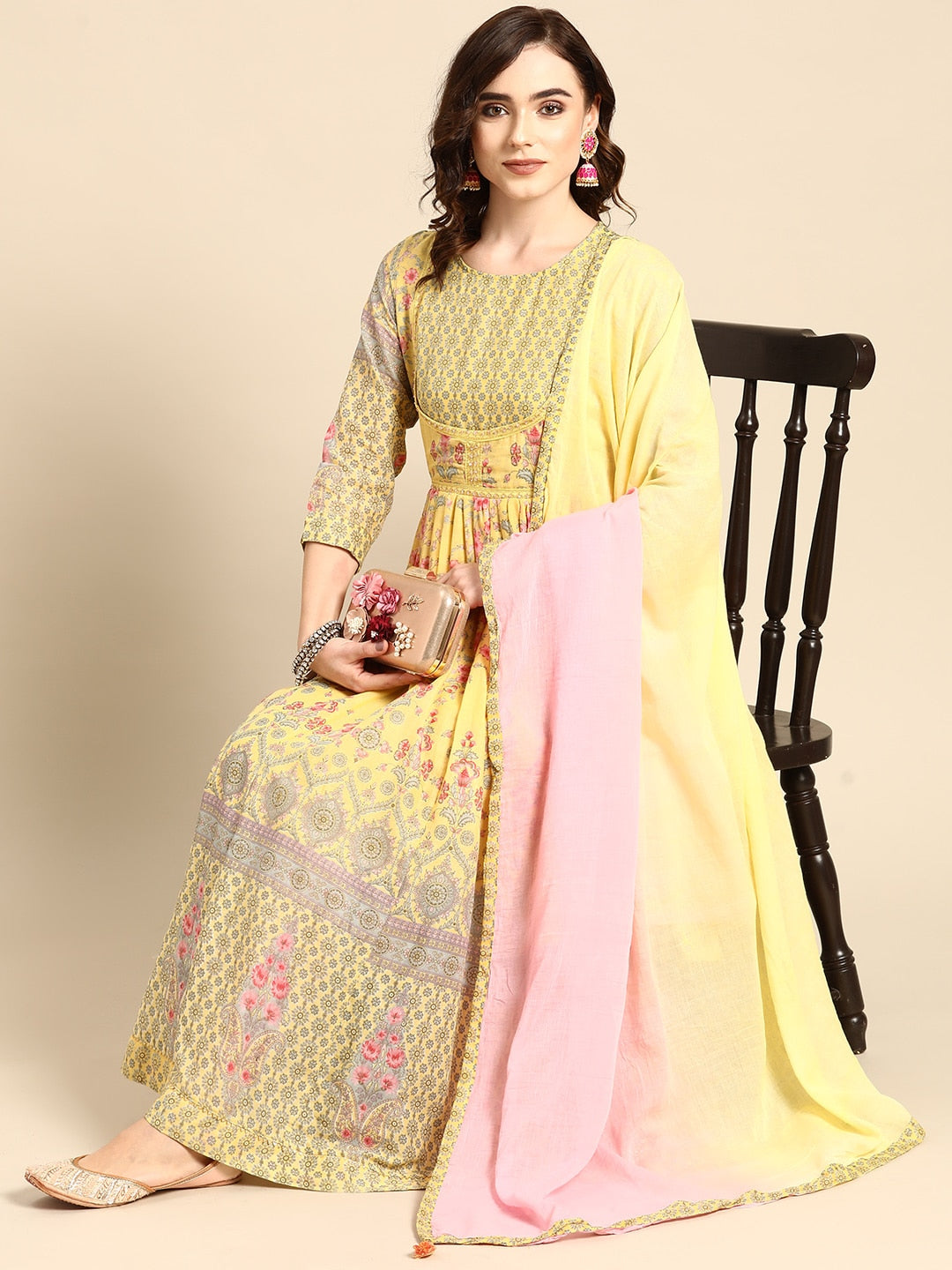 Sangria Women Yellow & Pink Floral Printed Anarkali Kurta - Distacart