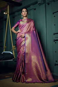 Thumbnail for Vardha Mauve Purple Golden Zari Kanjeevaram Silk Saree