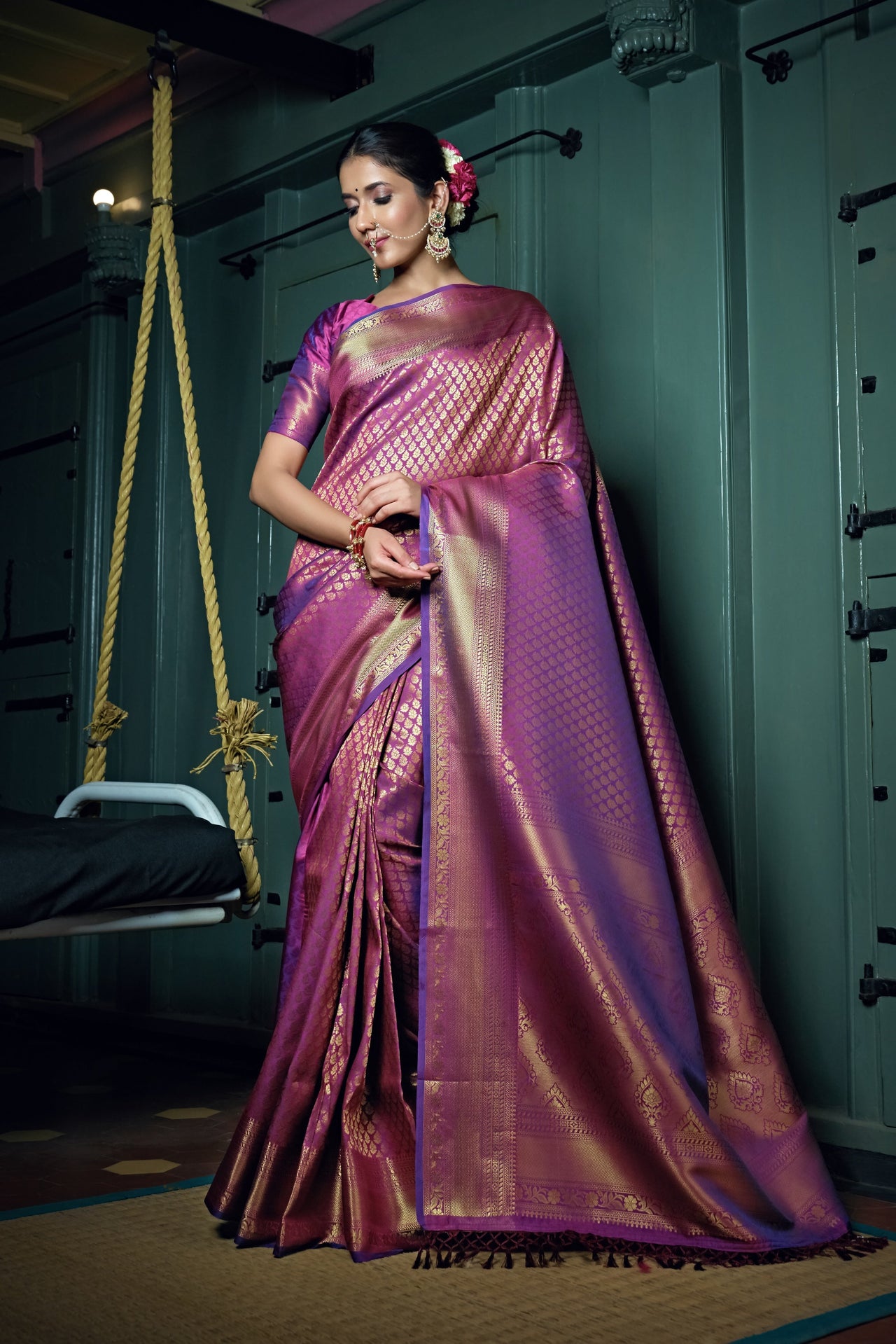 Vardha Mauve Purple Golden Zari Kanjeevaram Silk Saree
