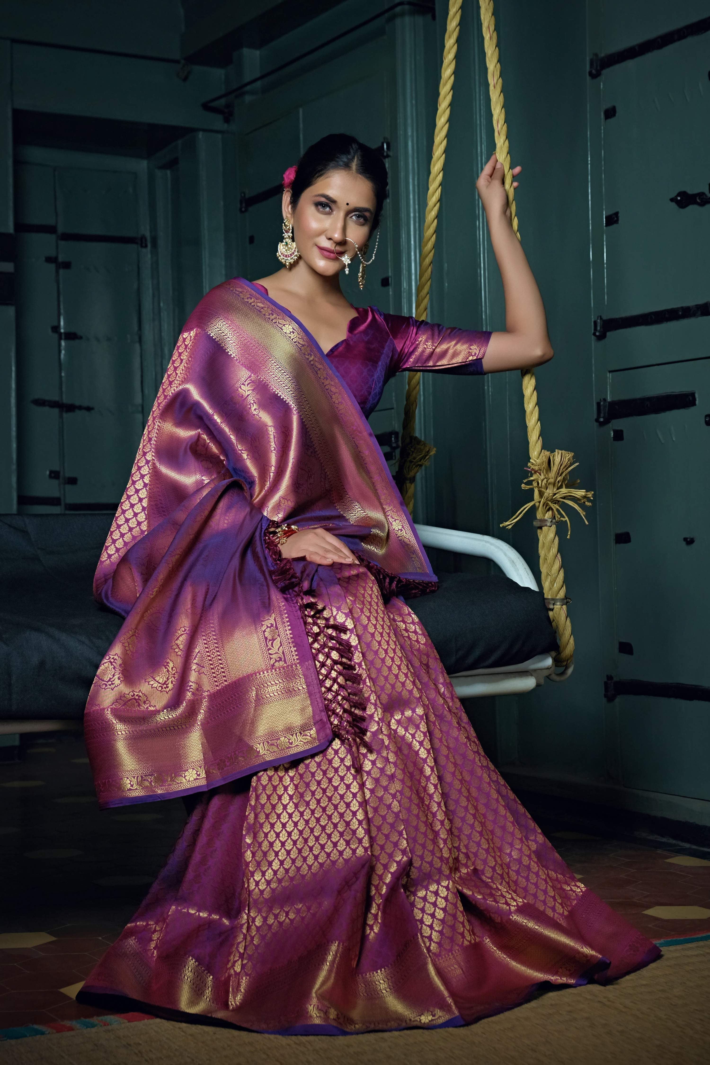 Vardha Mauve Purple Golden Zari Kanjeevaram Silk Saree