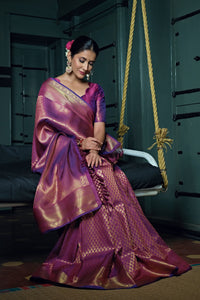 Thumbnail for Vardha Mauve Purple Golden Zari Kanjeevaram Silk Saree