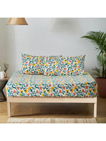 Thumbnail for Chumbak White & Yellow Floral 136 TC Cotton 1 Queen Bedsheet with 2 Pillow Covers - Distacart