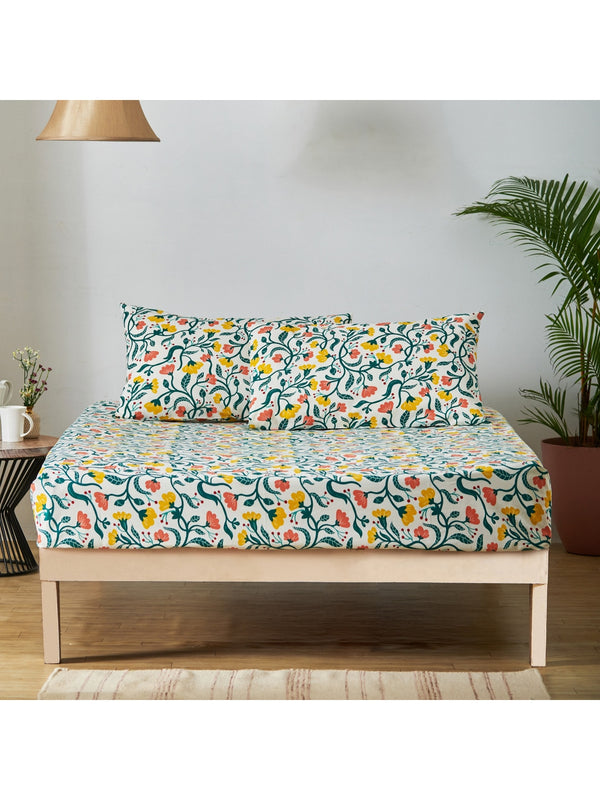 Chumbak White & Yellow Floral 136 TC Cotton 1 Queen Bedsheet with 2 Pillow Covers - Distacart