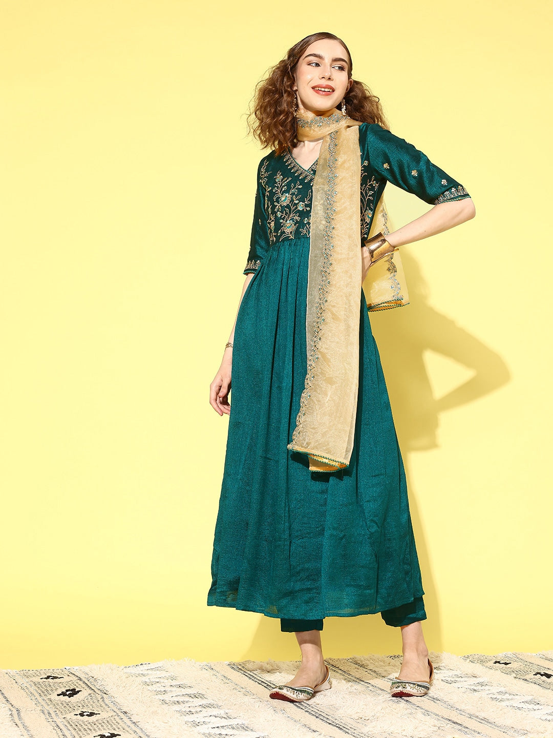 Sangria Women Floral Embroidered Angrakha Kurta with Trousers & With Dupatta - Distacart