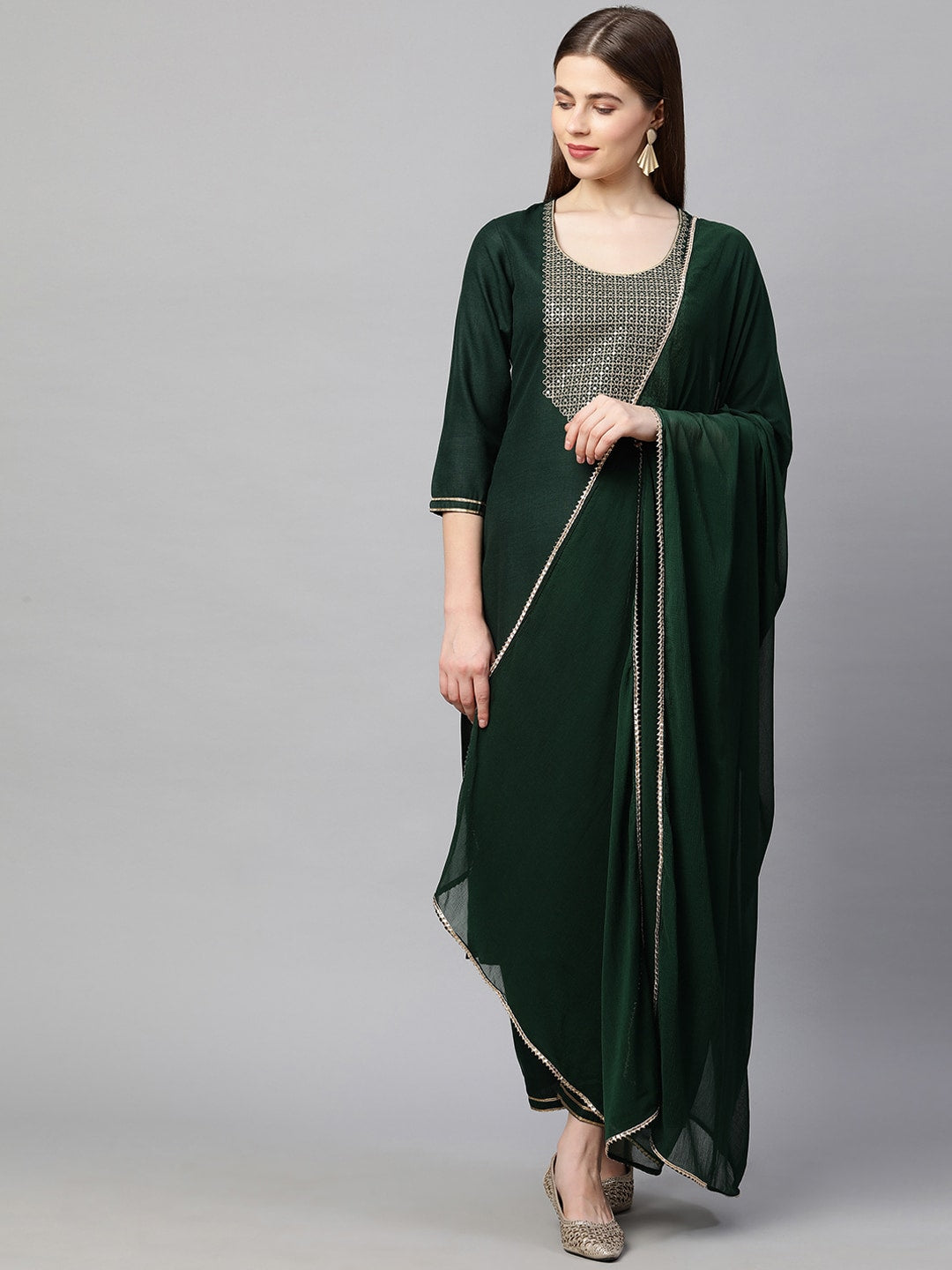 Kalini Women Green & Gold-Toned Sequinned Kurta with Trousers & With Dupatta - Distacart