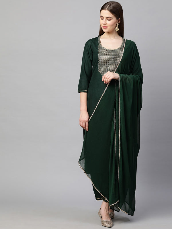 Kalini Women Green & Gold-Toned Sequinned Kurta with Trousers & With Dupatta - Distacart
