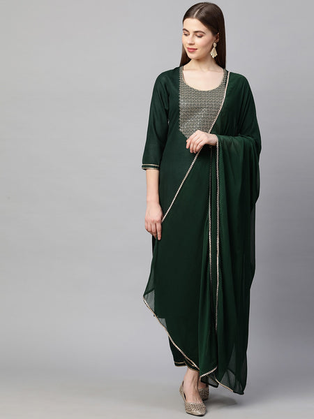 Kalini Women Green & Gold-Toned Sequinned Kurta with Trousers & With Dupatta - Distacart