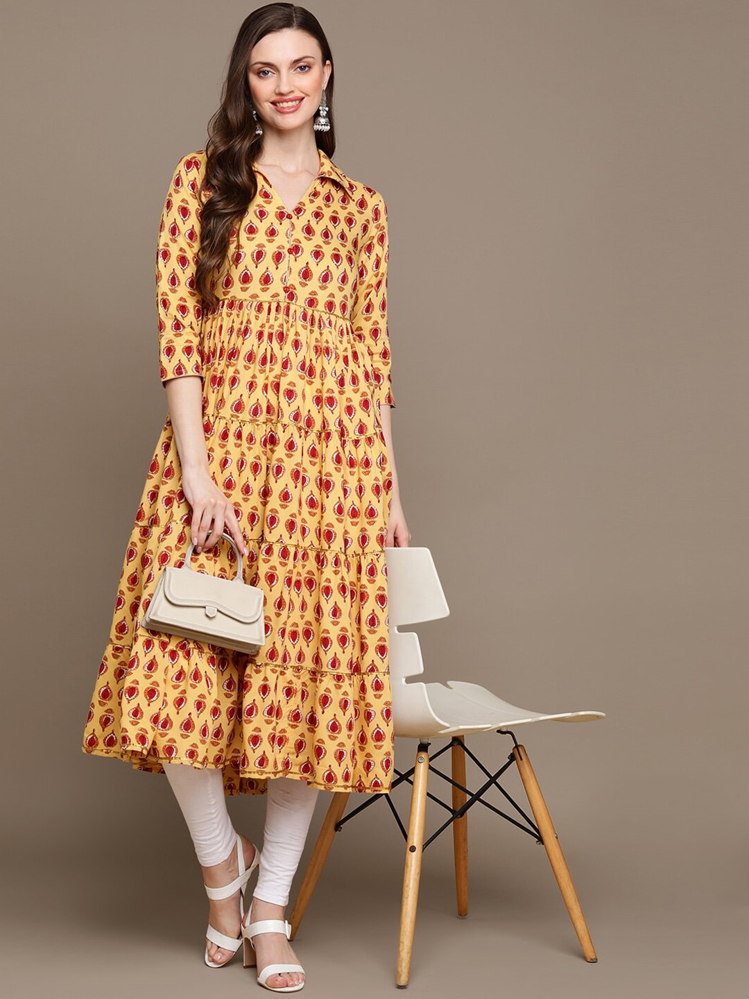 HERE&NOW Ethnic Motifs Printed Shirt Collar Pure Cotton Anarkali Kurta - Distacart