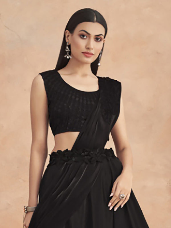 Mitera Black Self Design Satin Lehenga Saree - Distacart