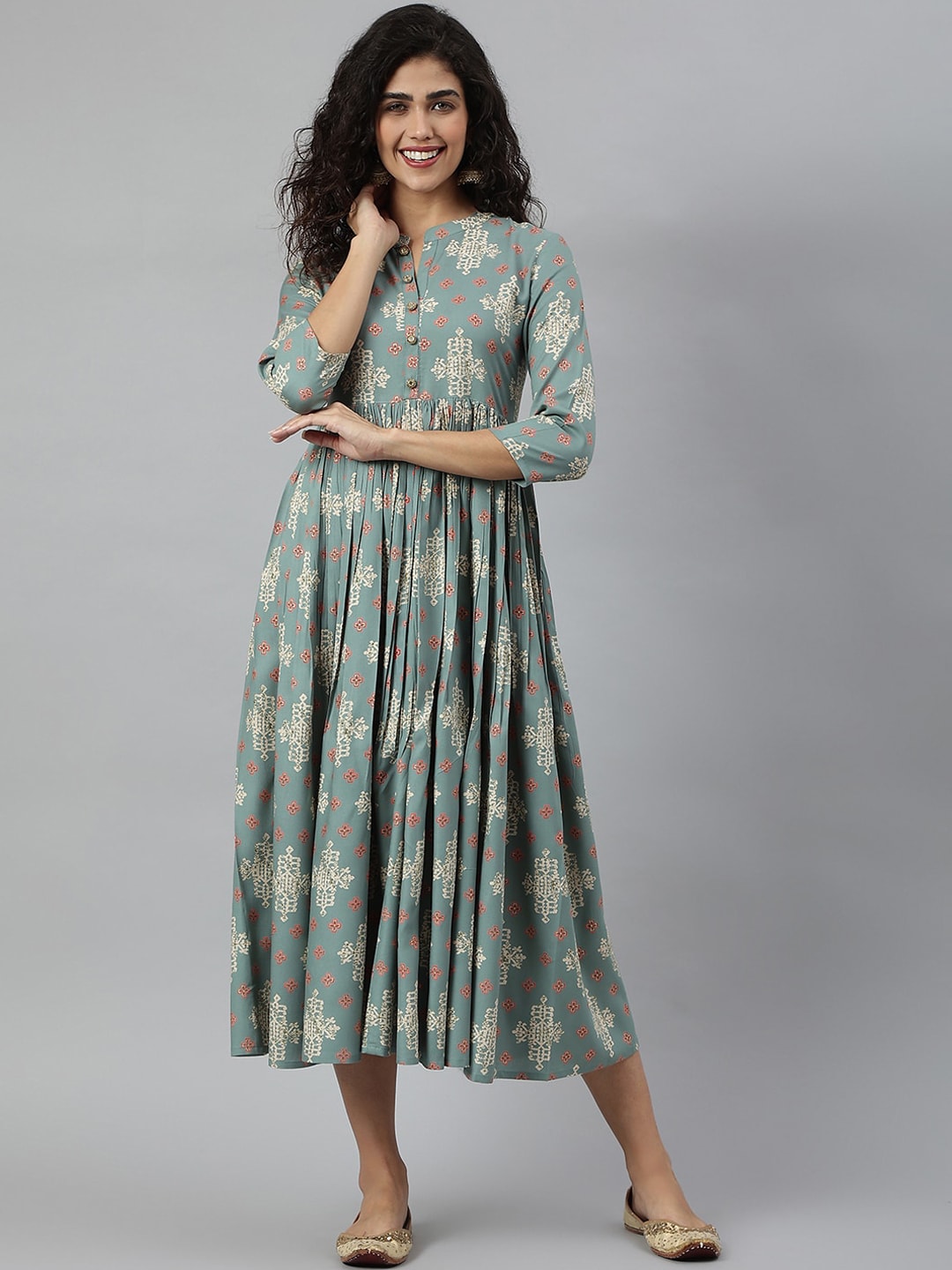 Kalini Women Turquoise Blue & Beige Ethnic Motifs Printed Anarkali Kurta - Distacart