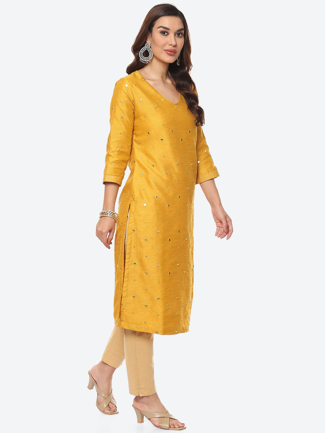 Biba Women Yellow Embellished Mirror Work Straight Fit Art Silk Kurta with Dupatta - Distacart