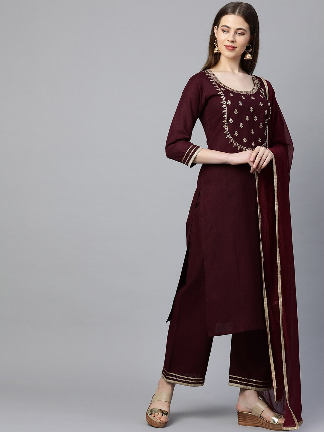 Kalini Women Maroon Floral Embroidered Gotta Patti Kurta with Palazzos & With Dupatta - Distacart