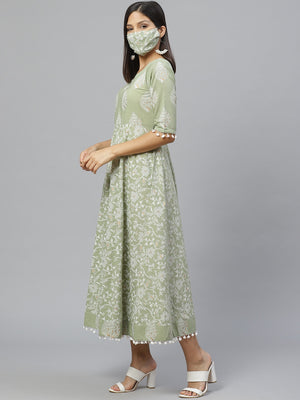 Libas Sage Green & Off-White Ethnic Motifs Printed Maxi Cotton Dress With Mask - Distacart