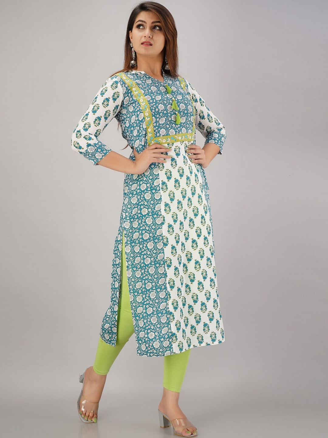 HERE&NOW Mandarin Collar Floral Printed Thread Work Straight Kurta - Distacart