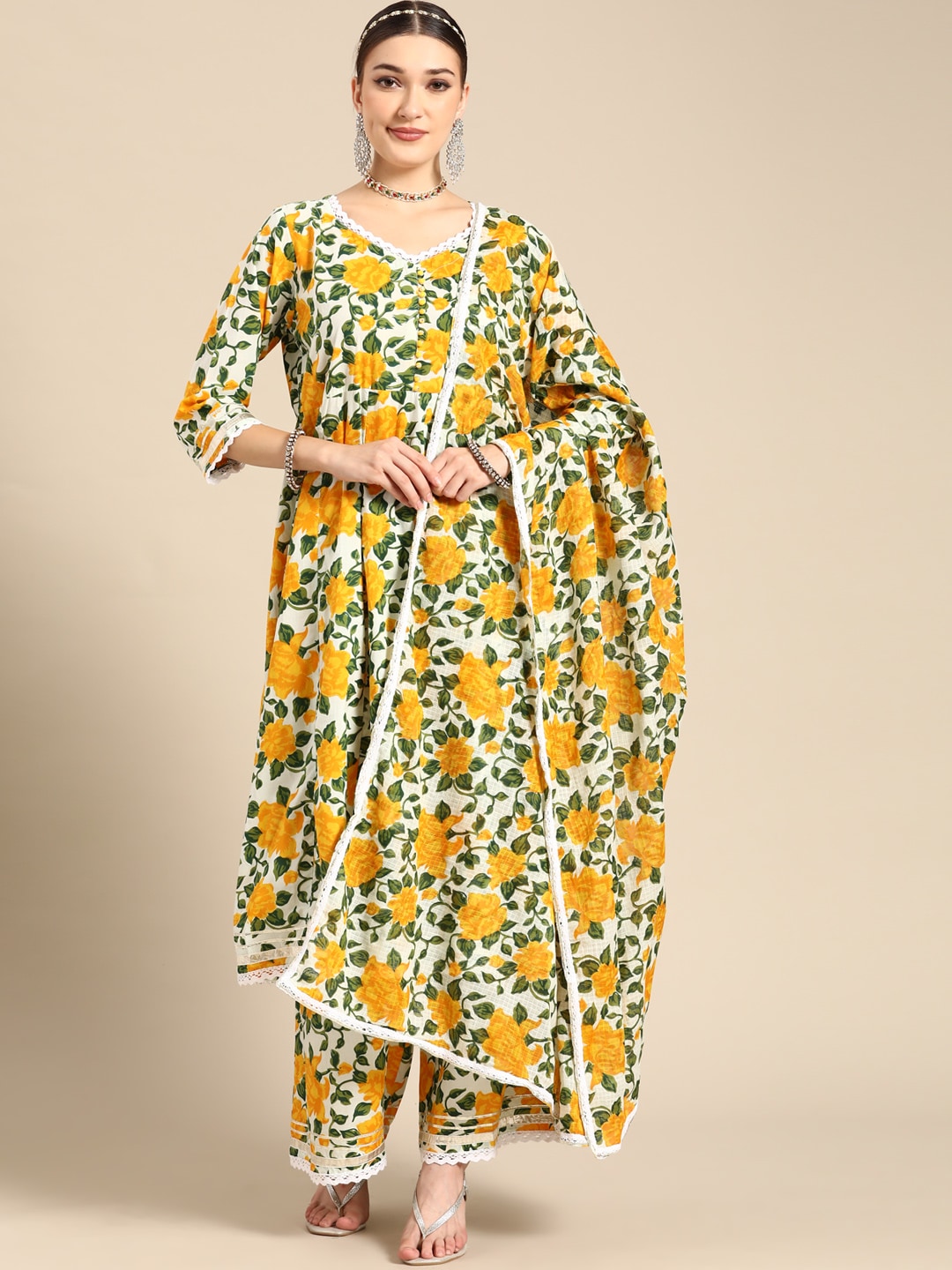 Sangria Women Yellow Floral Printed Lace Inserts Pure Cotton Kurta with Sharara & Dupatta - Distacart