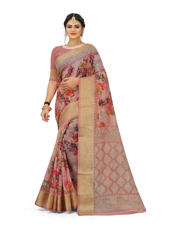 Kalini Pink & Gold-Toned Floral Art Silk Mysore Silk Saree - Distacart